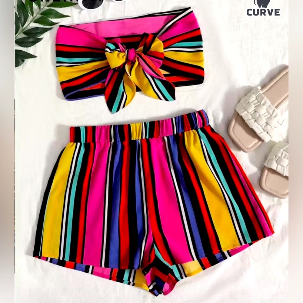 Multicolor Striped 2 Piece Set w High Waist Shorts and Bandeau cropped Top